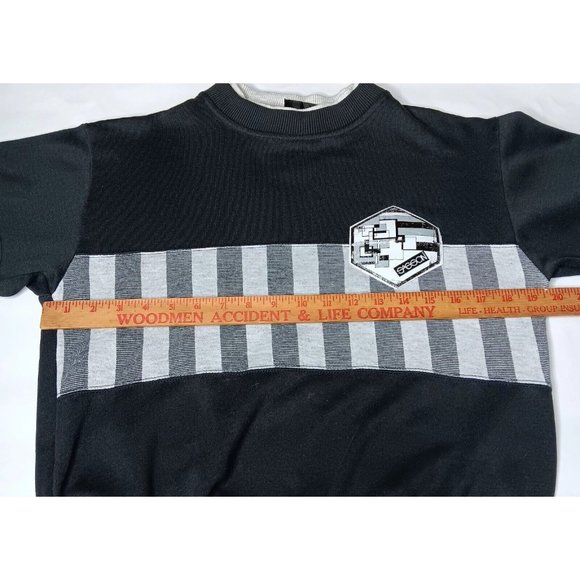 Vintage 80s Sasson Unisex Medium Sweatshirt Crew Neck Black Gray Stripe Retro - Picture 9 of 13